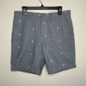 J CREW Shorts Mens 32 x 9 Blue Chambray Gramercy Chino Nautical Print Cotton
